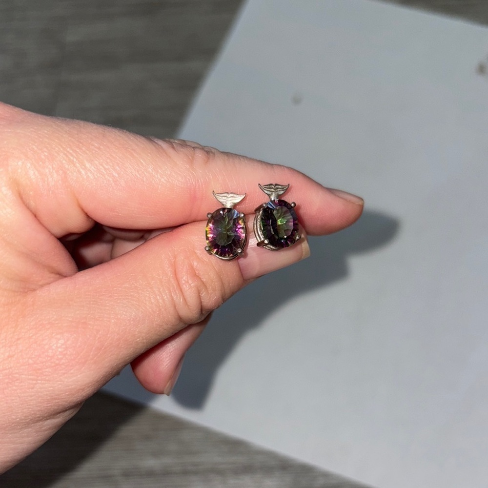 Mystic topaz sterling Silver Stud Earrings with whale tail design topper